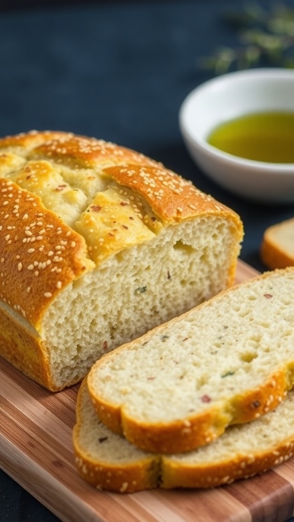 A loaf of quinoa bread, sliced to show its texture, on a wooden board with olive oil.